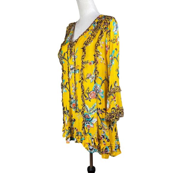 Anthropologie Marigold Yellow Bright Floral Ruffle V-neck Sheer Tunic Blouse - Picture 4 of 15